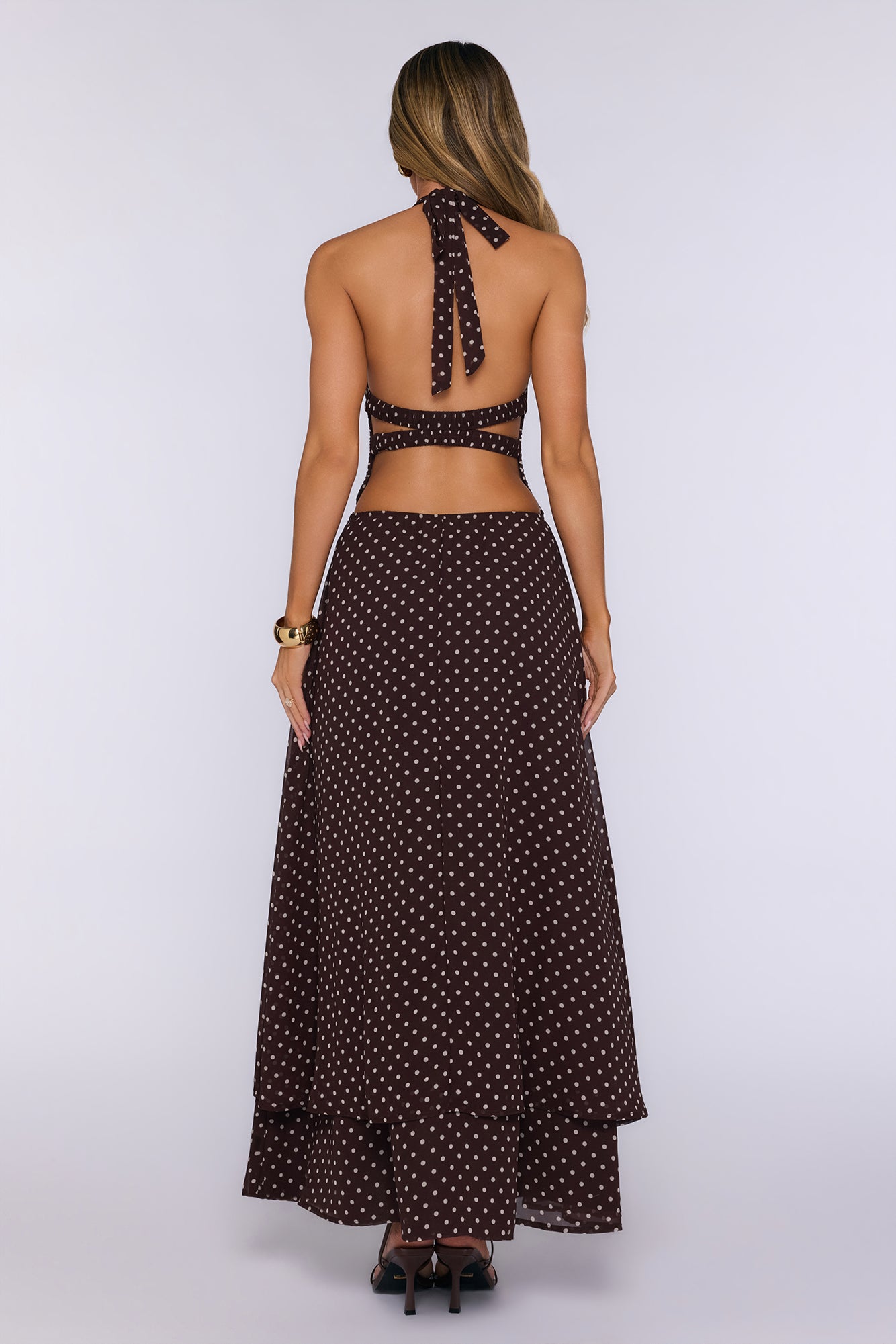 Dress Louder Halter Polka Dot Maxi Dress Brown