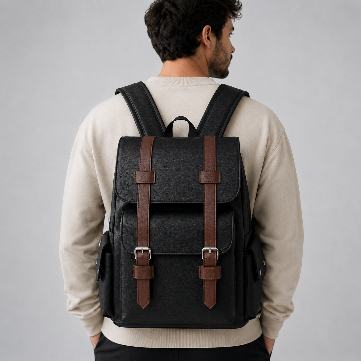 Sac à dos pour ordinateur portable en cuir PU pour homme – Sac à dos de voyage d'affaires 15,6"