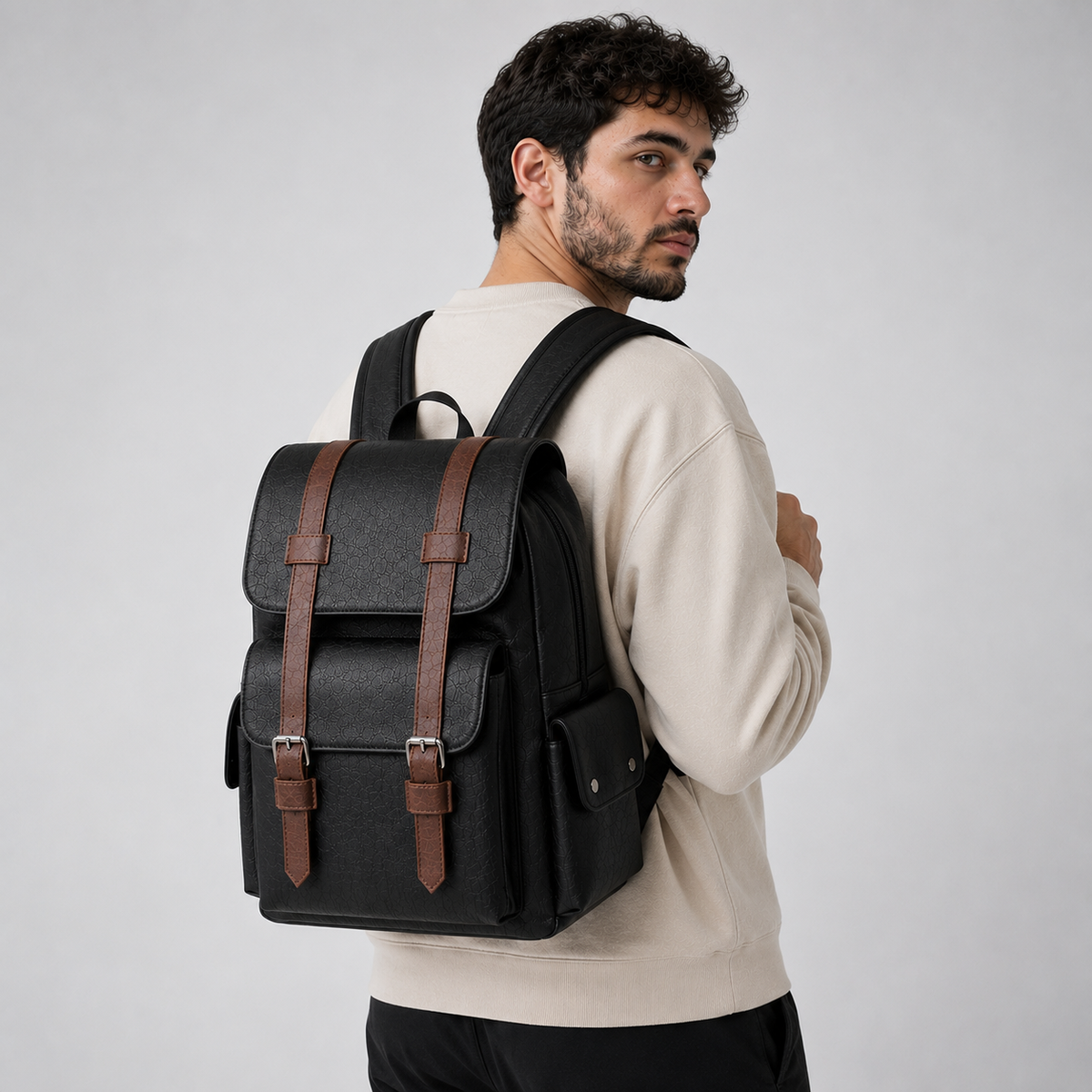 Sac à dos pour ordinateur portable en cuir PU pour homme – Sac à dos de voyage d'affaires 15,6"