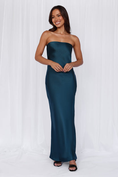 HELLO MOLLY The Felicity Strapless Satin Maxi Dress Teal