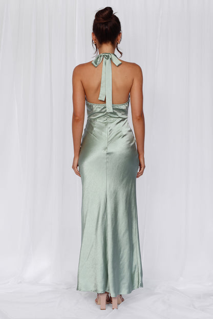 HELLO MOLLY The Adeline Halter Satin Maxi Dress Sage