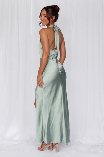 HELLO MOLLY The Adeline Halter Satin Maxi Dress Sage