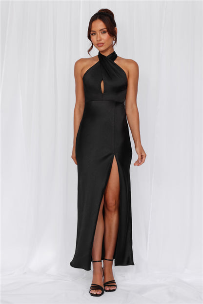 HELLO MOLLY The Adeline Halter Satin Maxi Dress Black