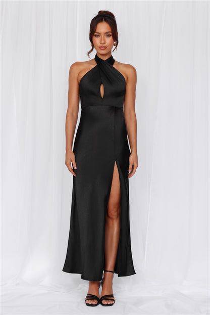 HELLO MOLLY The Adeline Halter Satin Maxi Dress Black