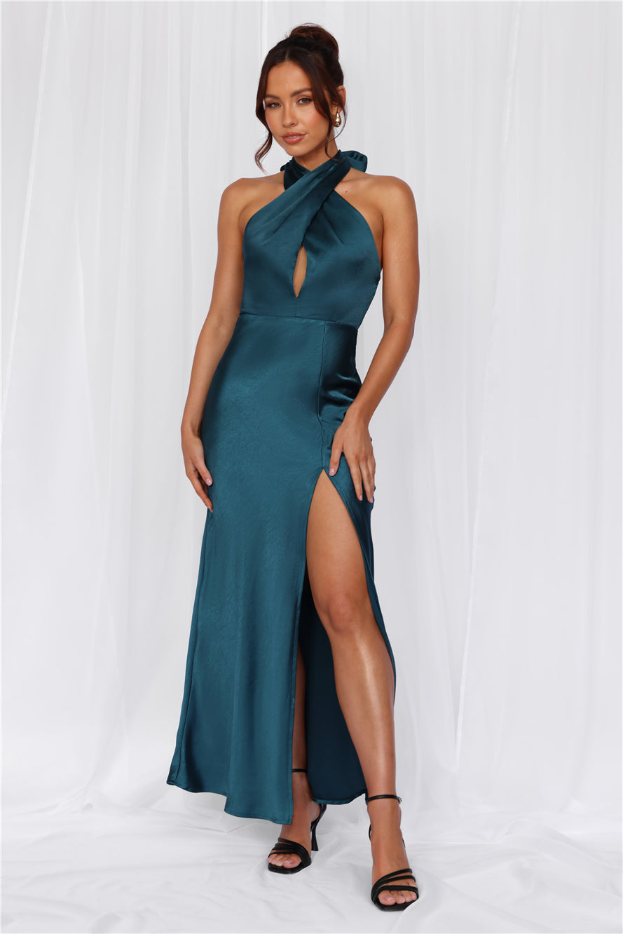 HELLO MOLLY The Adeline Halter Satin Maxi Dress Teal