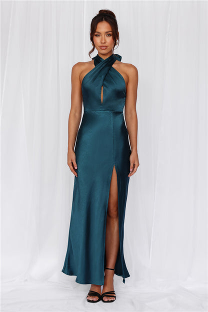 HELLO MOLLY The Adeline Halter Satin Maxi Dress Teal