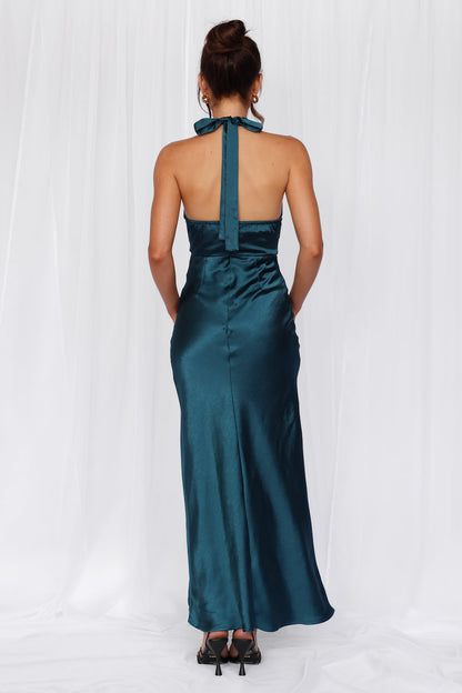 HELLO MOLLY The Adeline Halter Satin Maxi Dress Teal