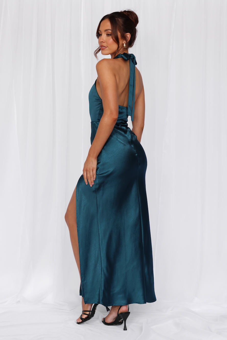 HELLO MOLLY The Adeline Halter Satin Maxi Dress Teal