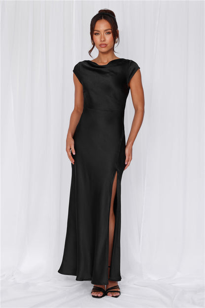 HELLO MOLLY The Valentina Cap Sleeve Satin Maxi Dress Black