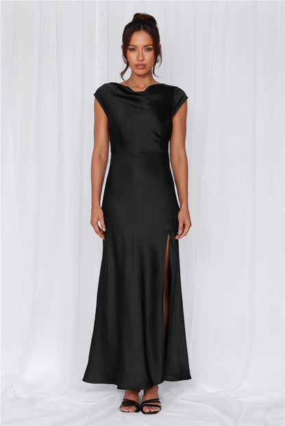 HELLO MOLLY The Valentina Cap Sleeve Satin Maxi Dress Black
