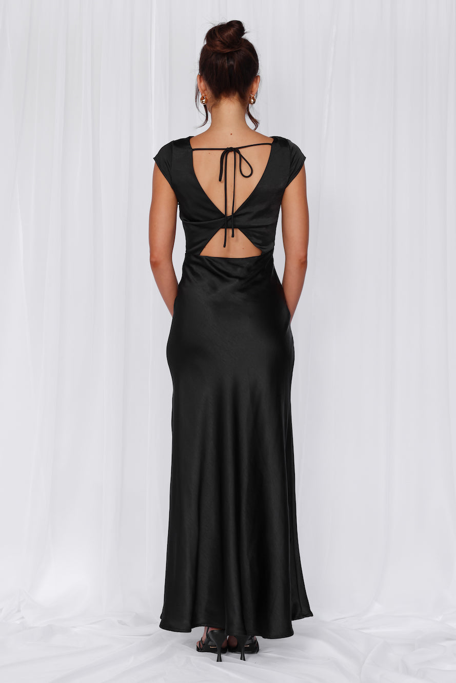 HELLO MOLLY The Valentina Cap Sleeve Satin Maxi Dress Black