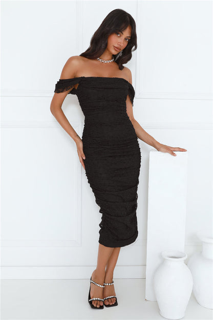 Perfect Girl Off Shoulder Mesh Midi Dress Black