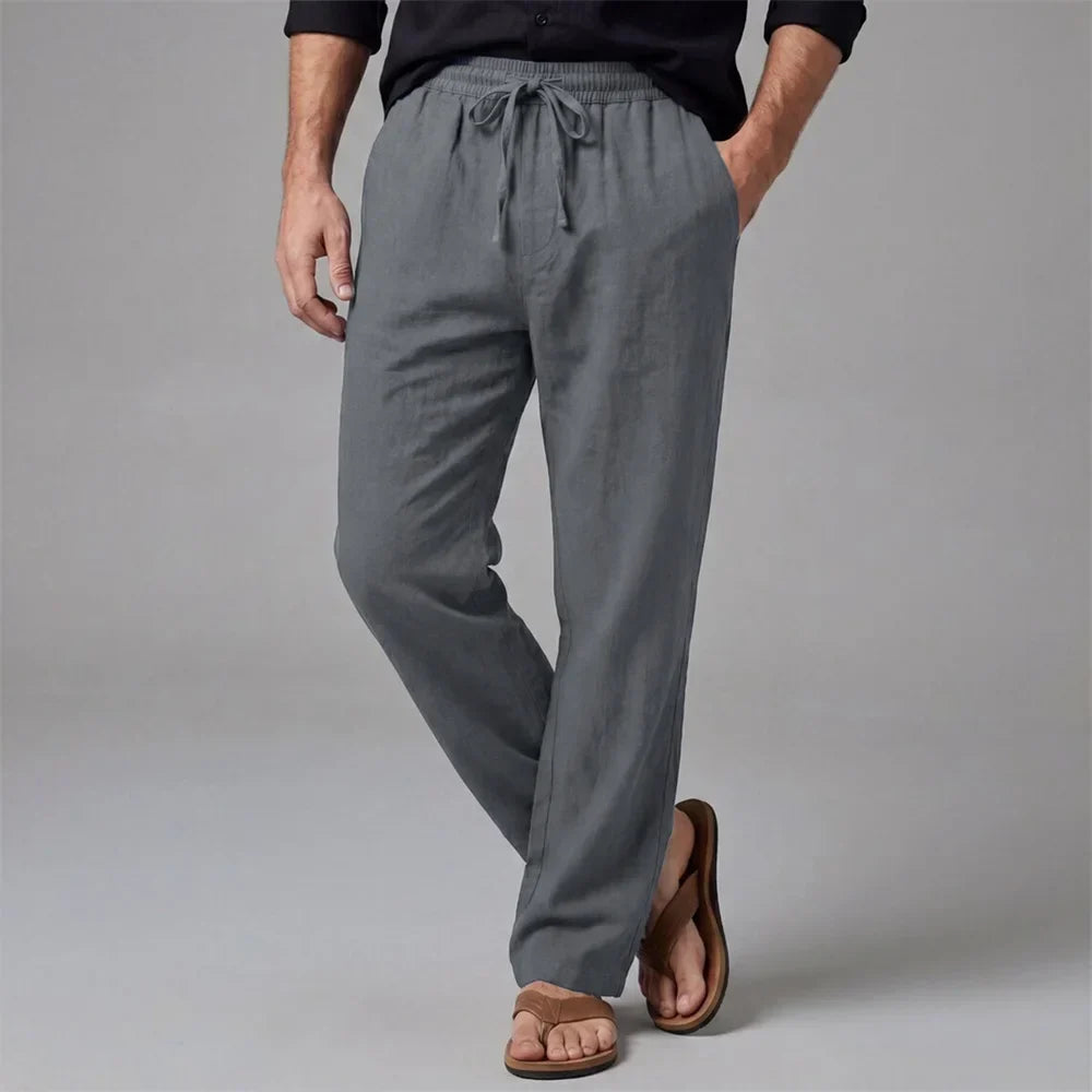 Men's Long Pants Straight Leg Vacation Style Casual Solid Color Trousers Old Money Cotton Linen Comfortable Lightweight Pants