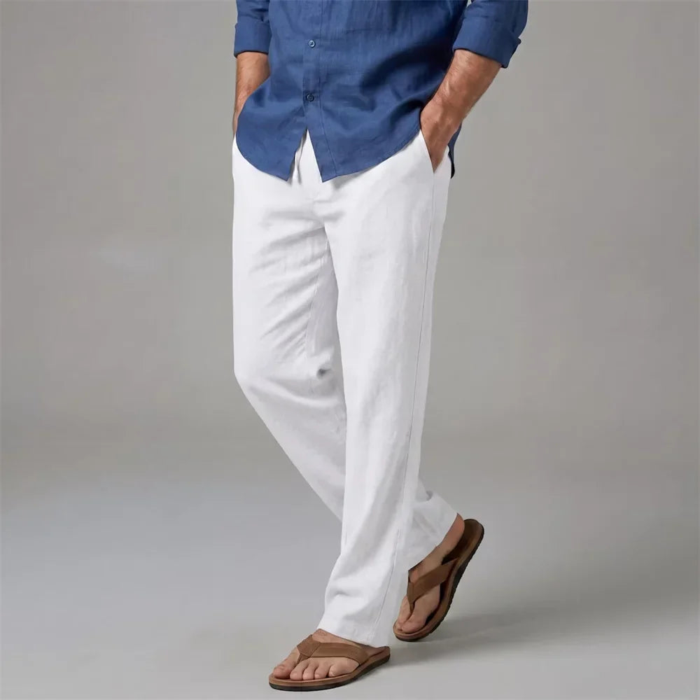 Men's Long Pants Straight Leg Vacation Style Casual Solid Color Trousers Old Money Cotton Linen Comfortable Lightweight Pants