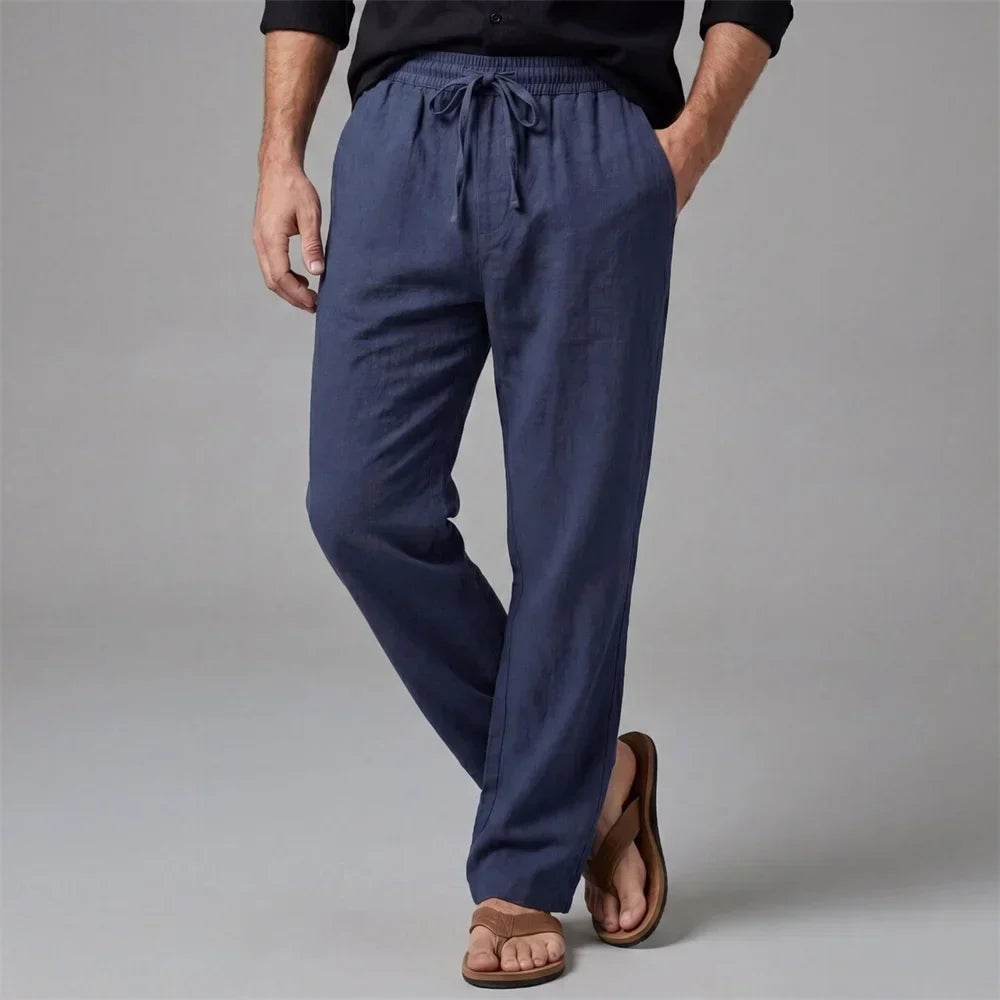 Men's Long Pants Straight Leg Vacation Style Casual Solid Color Trousers Old Money Cotton Linen Comfortable Lightweight Pants