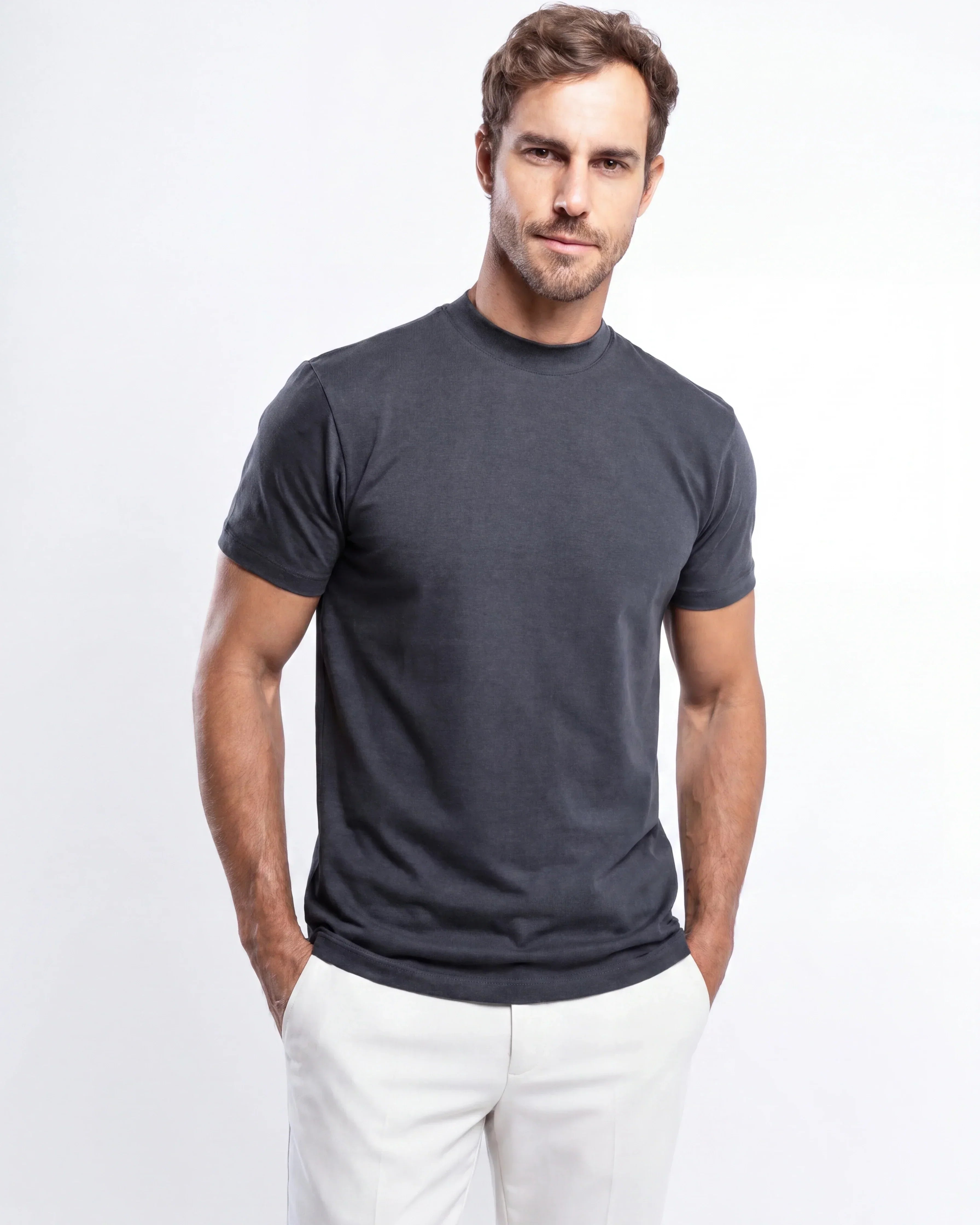 Egyptian Cotton Mock Neck T-Shirt - Grant - Graphite