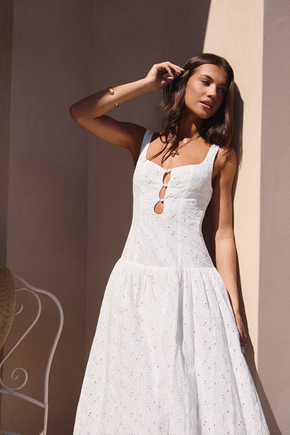 Romance Stitched Embroidered Maxi Dress White