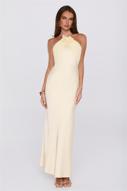 Irresistibly Sleek Halter Satin Maxi Dress Yellow