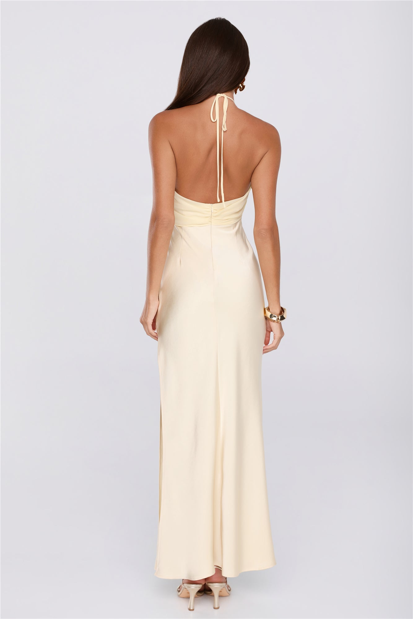Irresistibly Sleek Halter Satin Maxi Dress Yellow