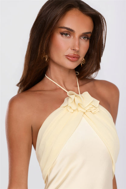 Irresistibly Sleek Halter Satin Maxi Dress Yellow