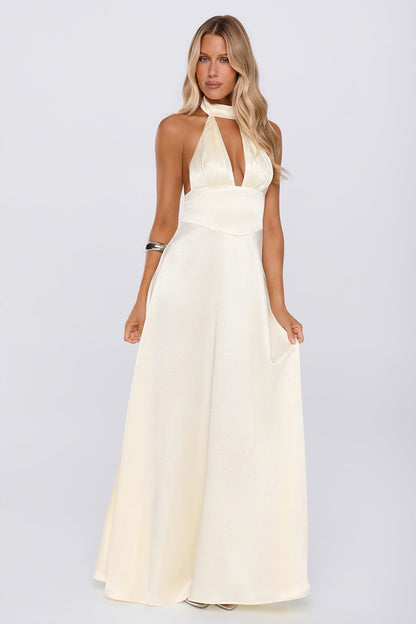 The Dress Diary Satin Halter Maxi Dress Yellow