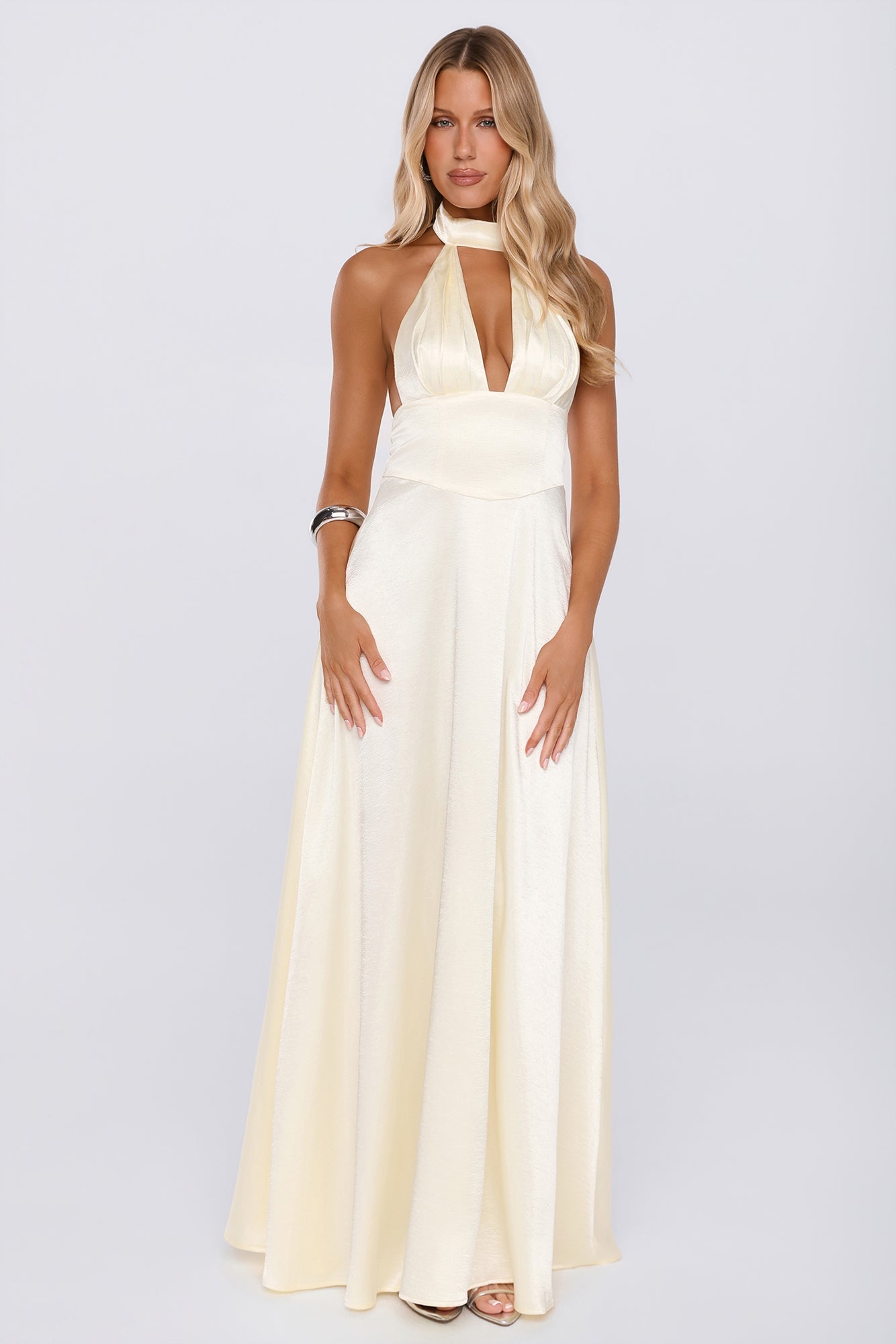The Dress Diary Satin Halter Maxi Dress Yellow