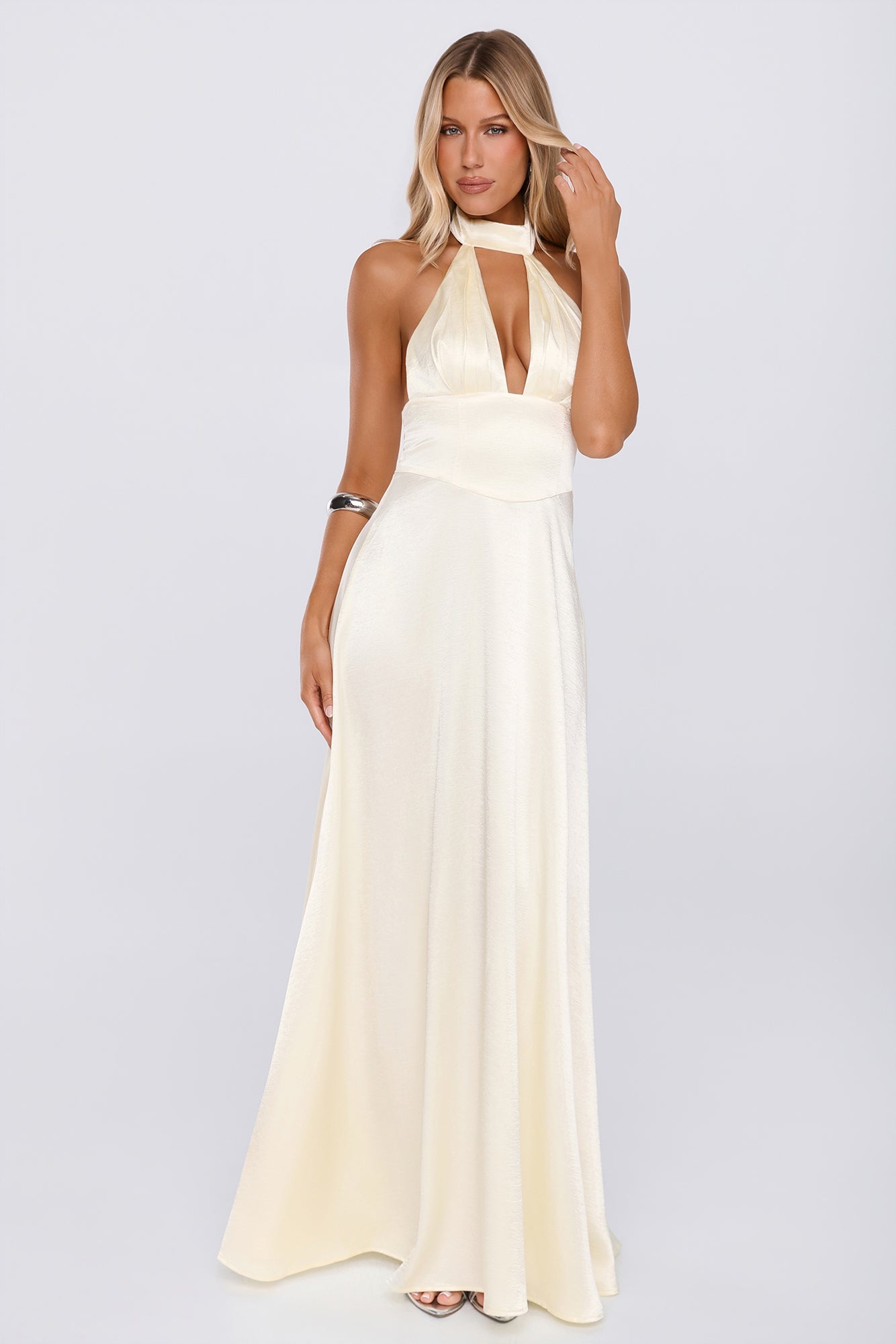 The Dress Diary Satin Halter Maxi Dress Yellow