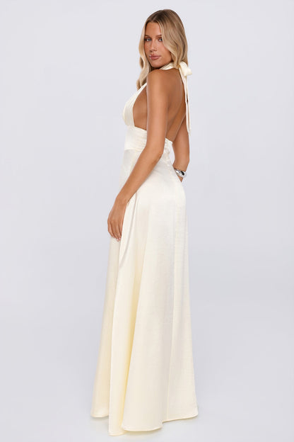 The Dress Diary Satin Halter Maxi Dress Yellow