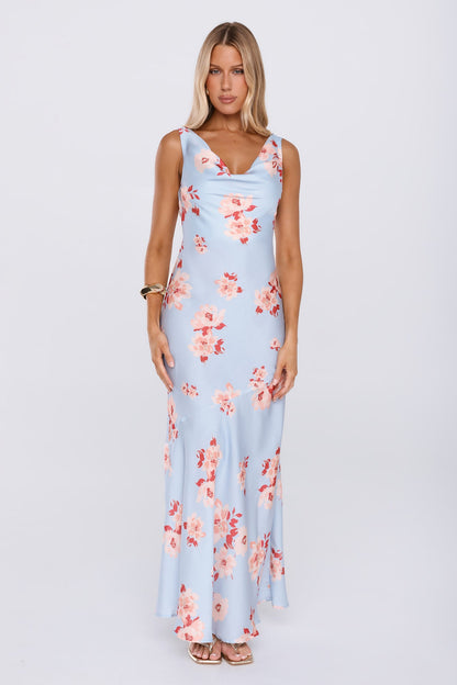 Elegant Garden Satin Cowl Neck Maxi Dress Blue