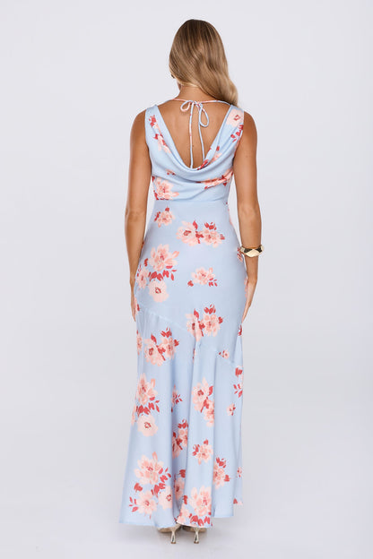 Elegant Garden Satin Cowl Neck Maxi Dress Blue