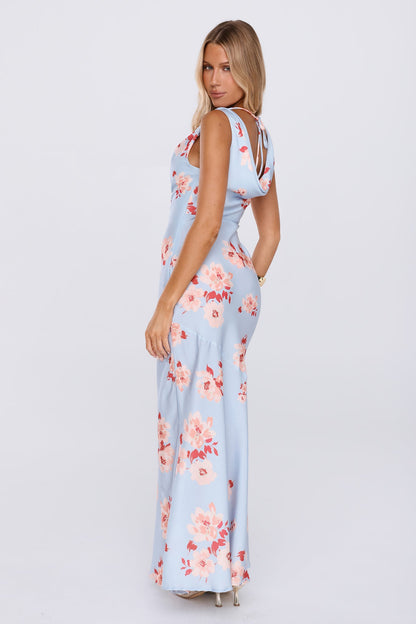 Elegant Garden Satin Cowl Neck Maxi Dress Blue