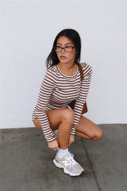 BASE Luxe Rib Fold Over Shorts Brown Stripe