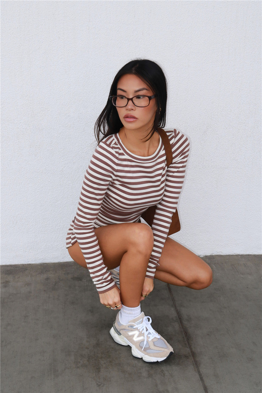 BASE Luxe Rib Fold Over Shorts Brown Stripe
