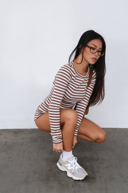 BASE Luxe Rib Fold Over Shorts Brown Stripe