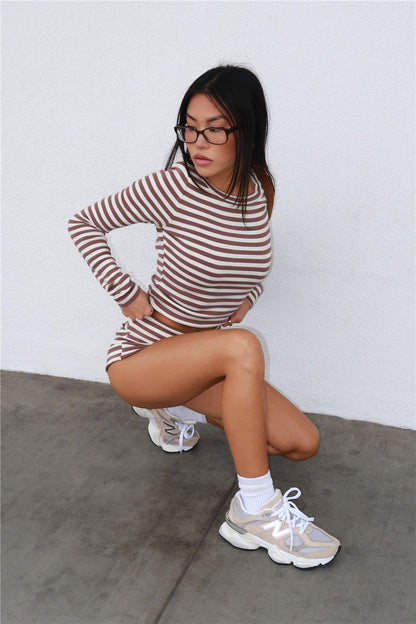 BASE Luxe Rib Fold Over Shorts Brown Stripe