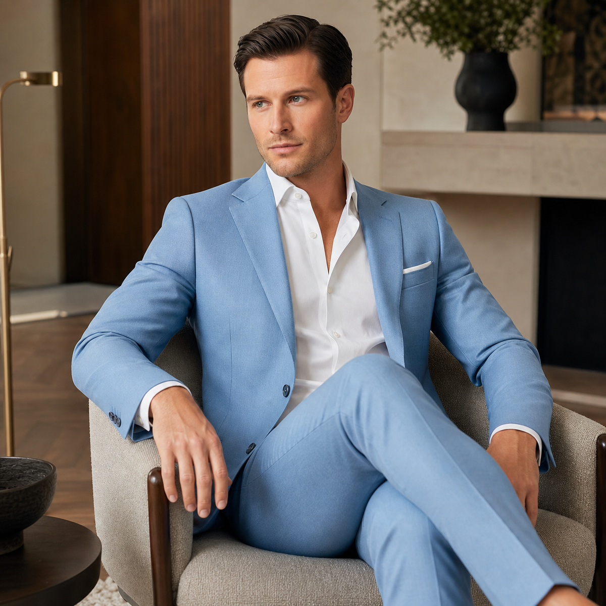 Men's Light Blue Slim-Fit Blazer & Trouser Summer Suit Set