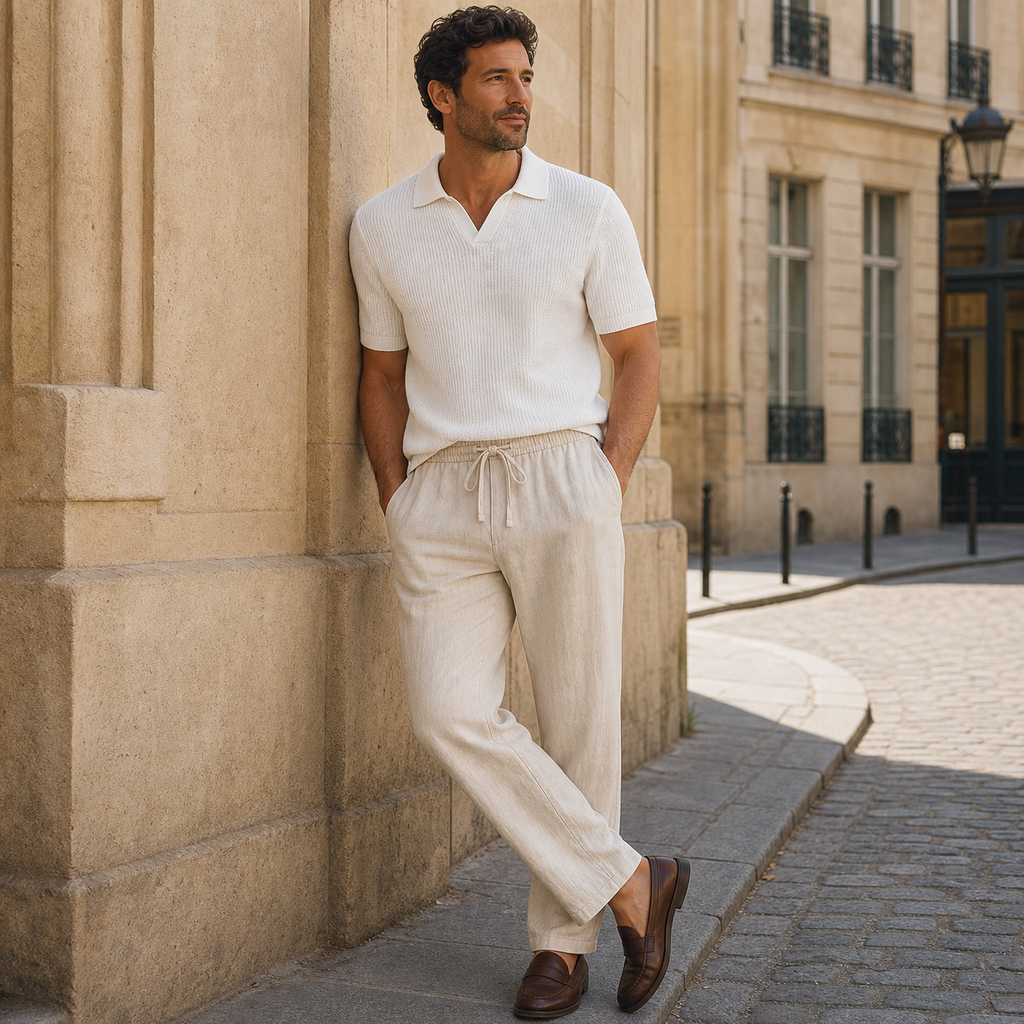 Men's Cotton-Linen Straight-Leg Drawstring Trousers