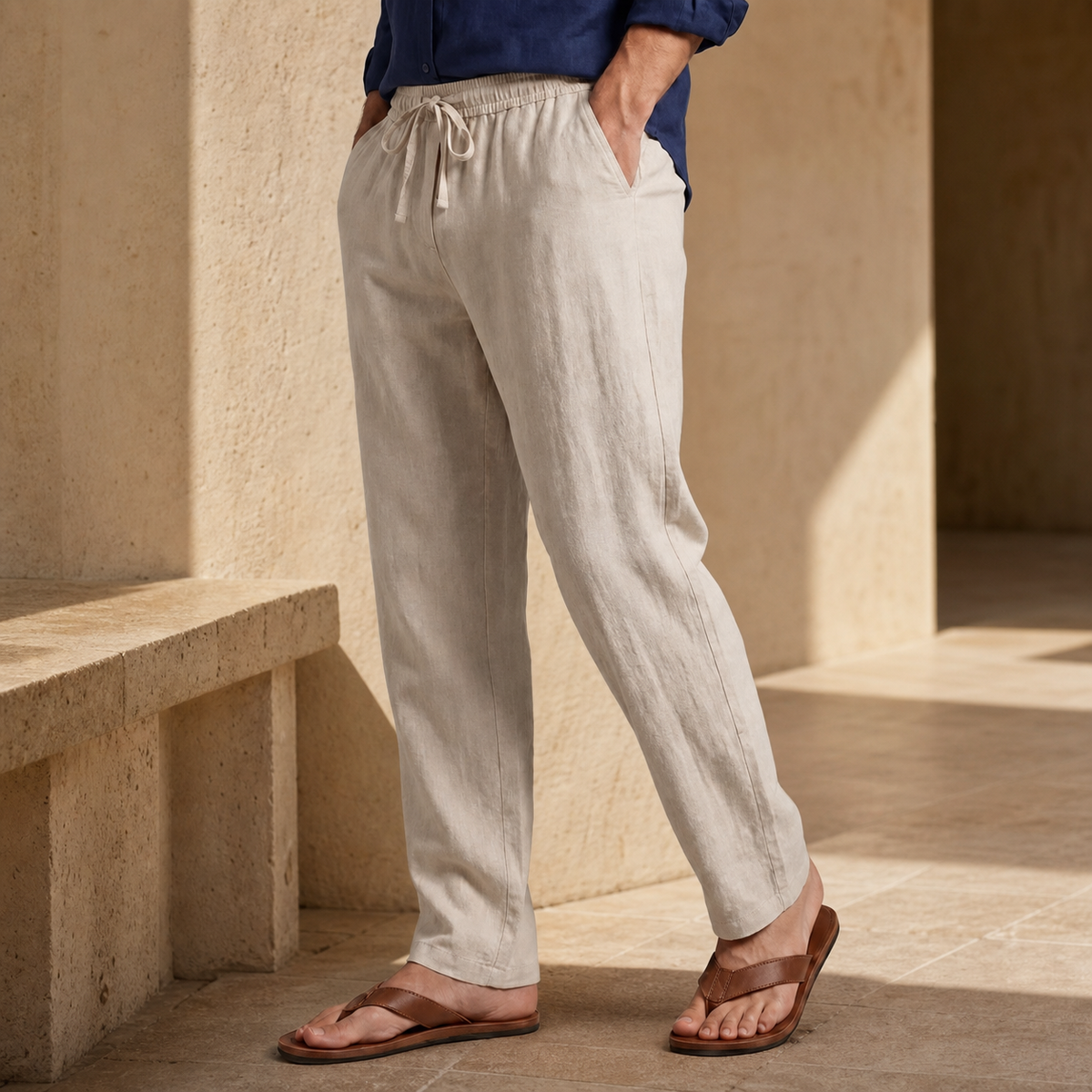 Men's Cotton-Linen Straight-Leg Drawstring Trousers