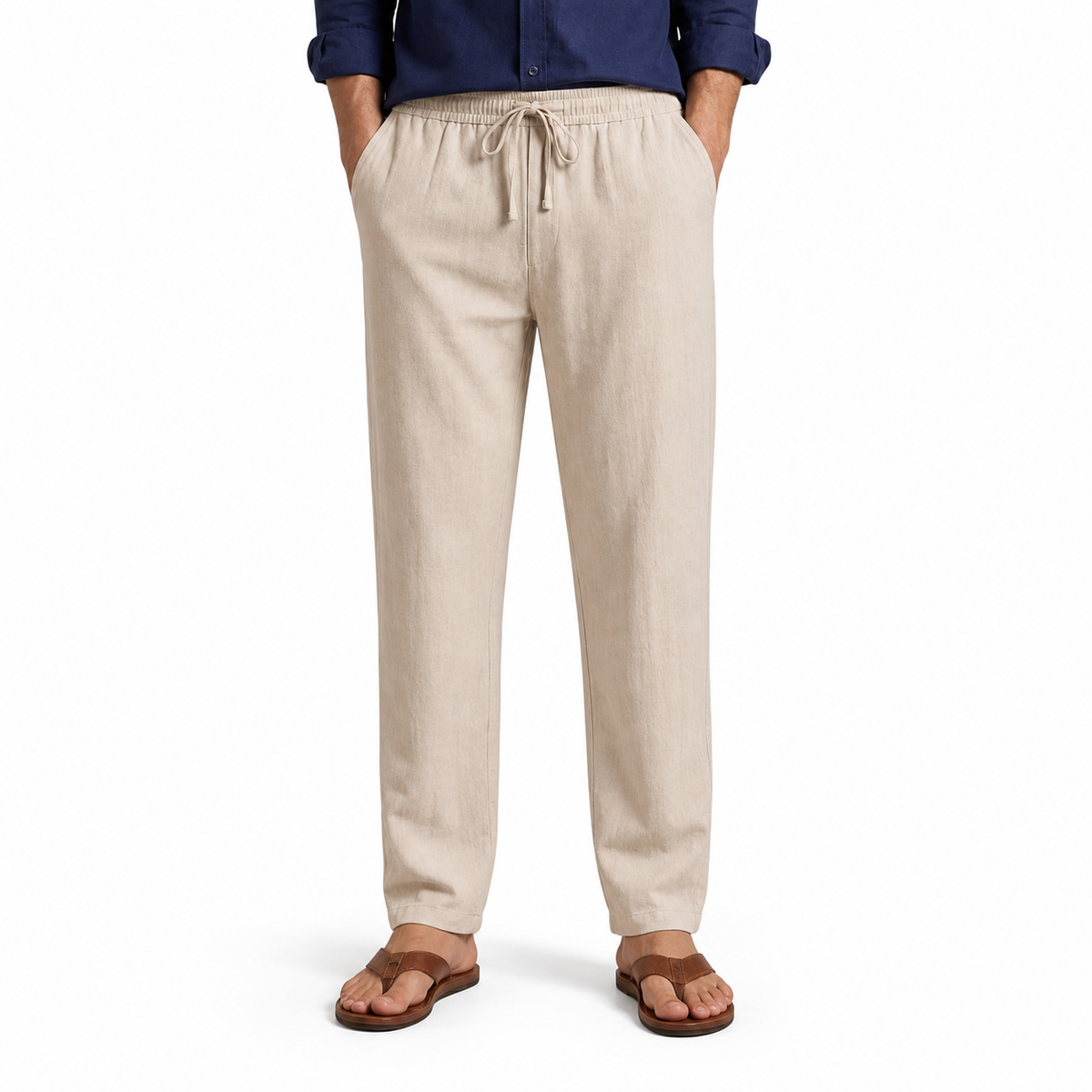 Men's Cotton-Linen Straight-Leg Drawstring Trousers