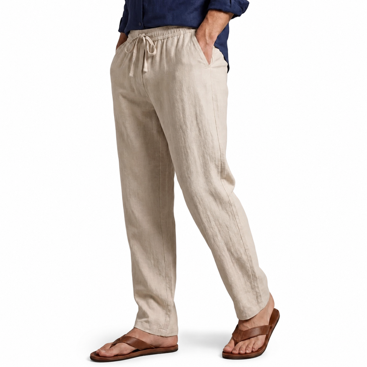 Men's Cotton-Linen Straight-Leg Drawstring Trousers