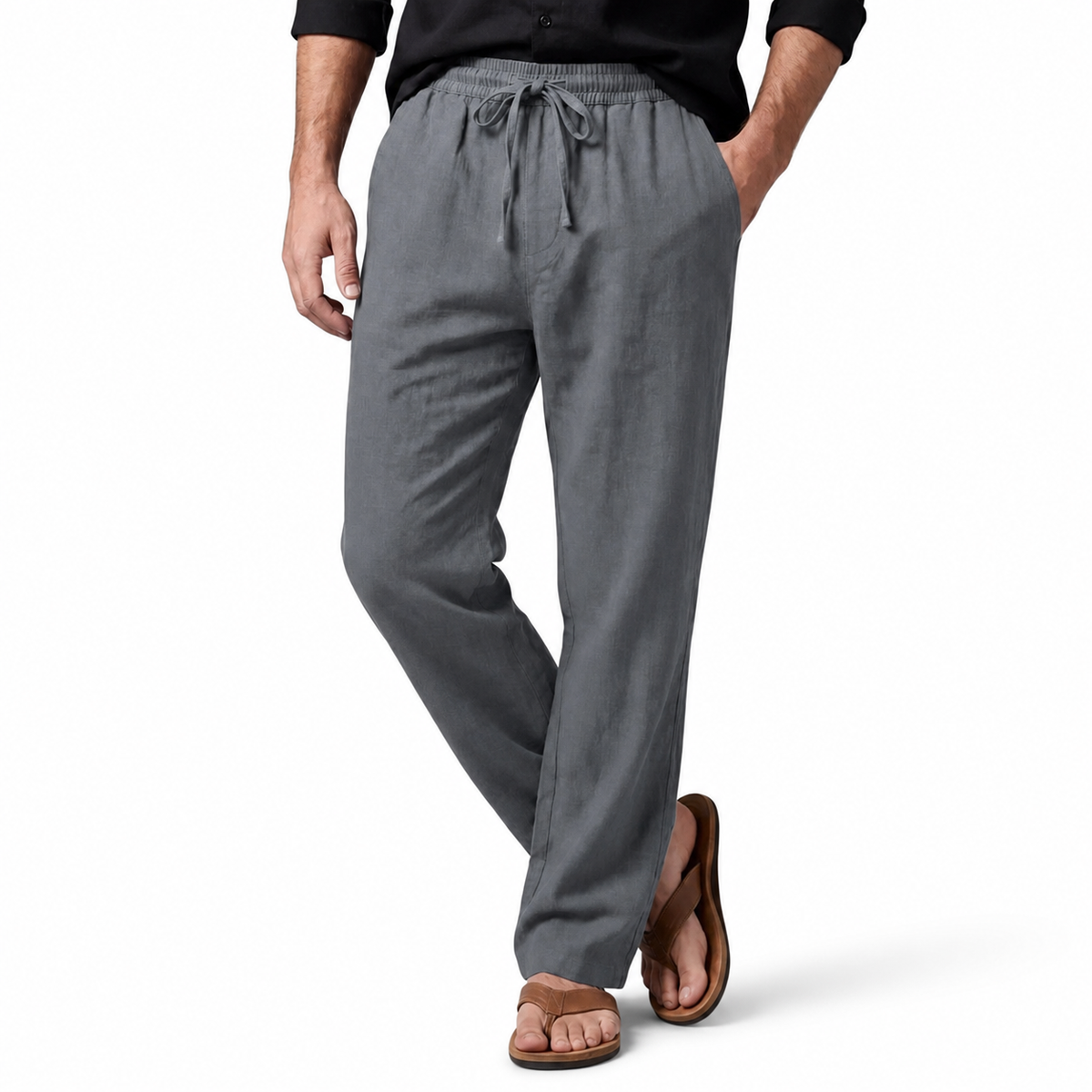Men's Cotton-Linen Straight-Leg Drawstring Trousers