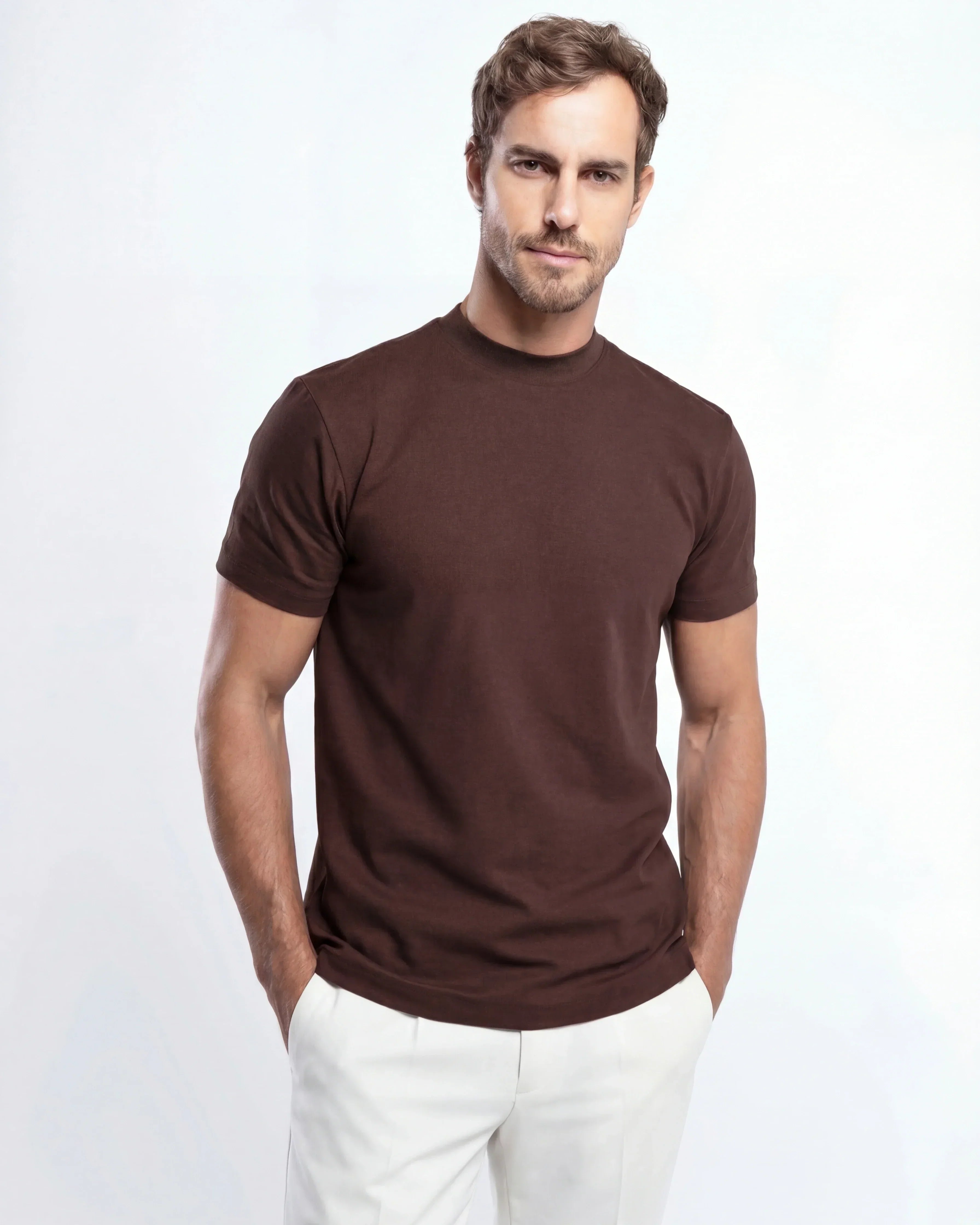 Egyptian Cotton Mock Neck T-Shirt - Grant - Brown