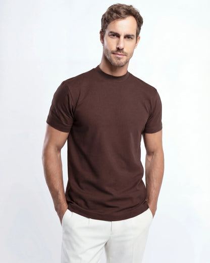 Egyptian Cotton Mock Neck T-Shirt - Grant - Brown
