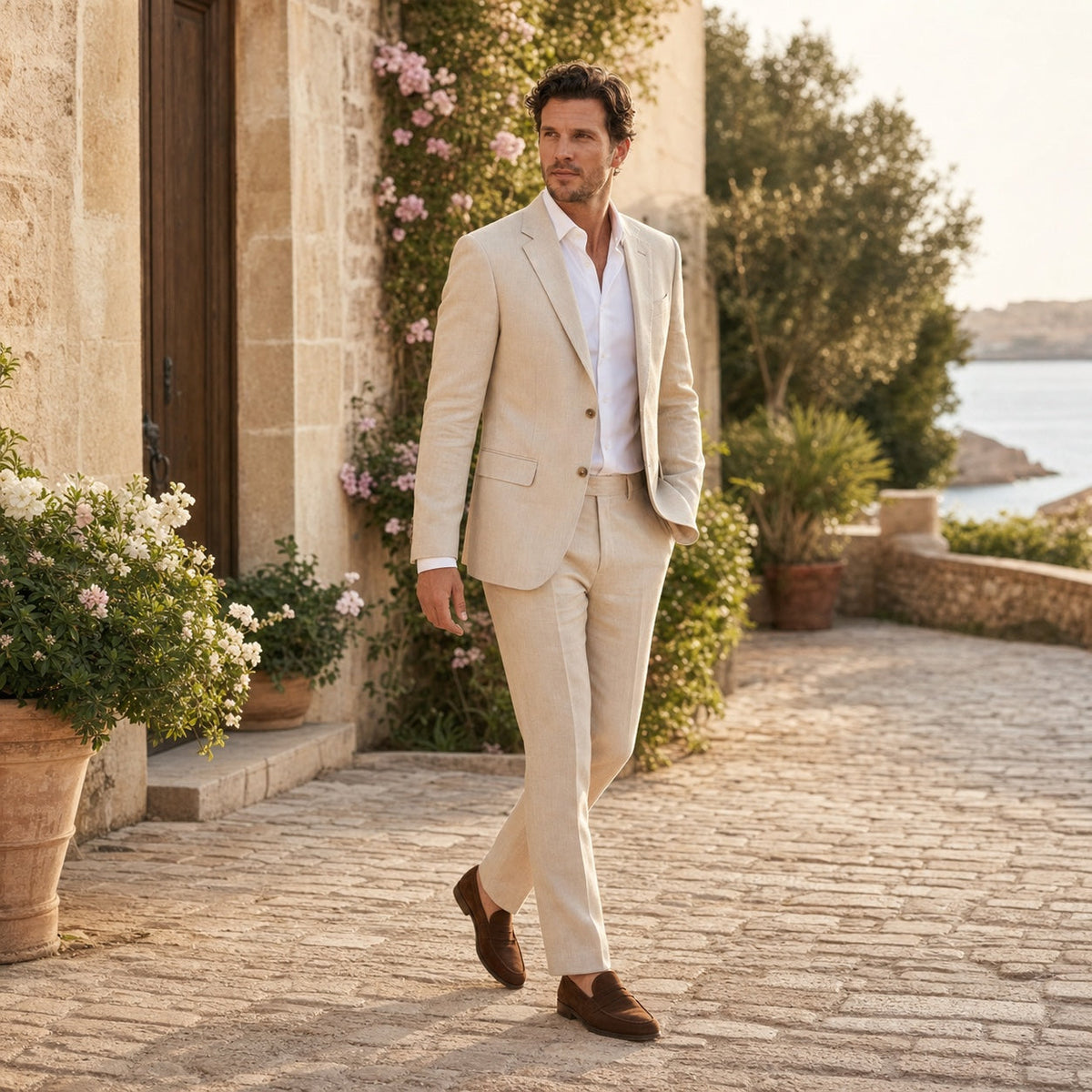 Herrenanzug-Set aus Leinen-Mischgewebe in Beige, maßgeschneidert, für Hochzeiten