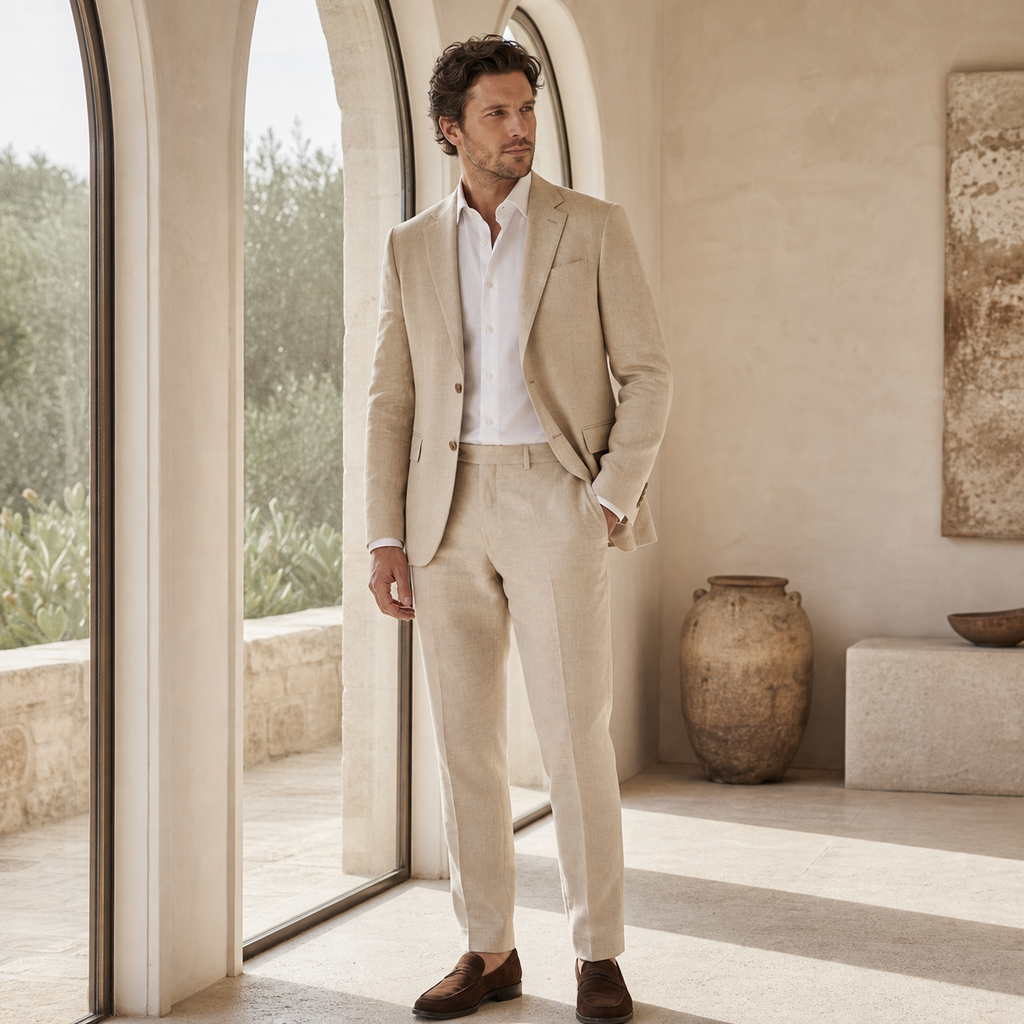 Herrenanzug-Set aus Leinen-Mischgewebe in Beige, maßgeschneidert, für Hochzeiten