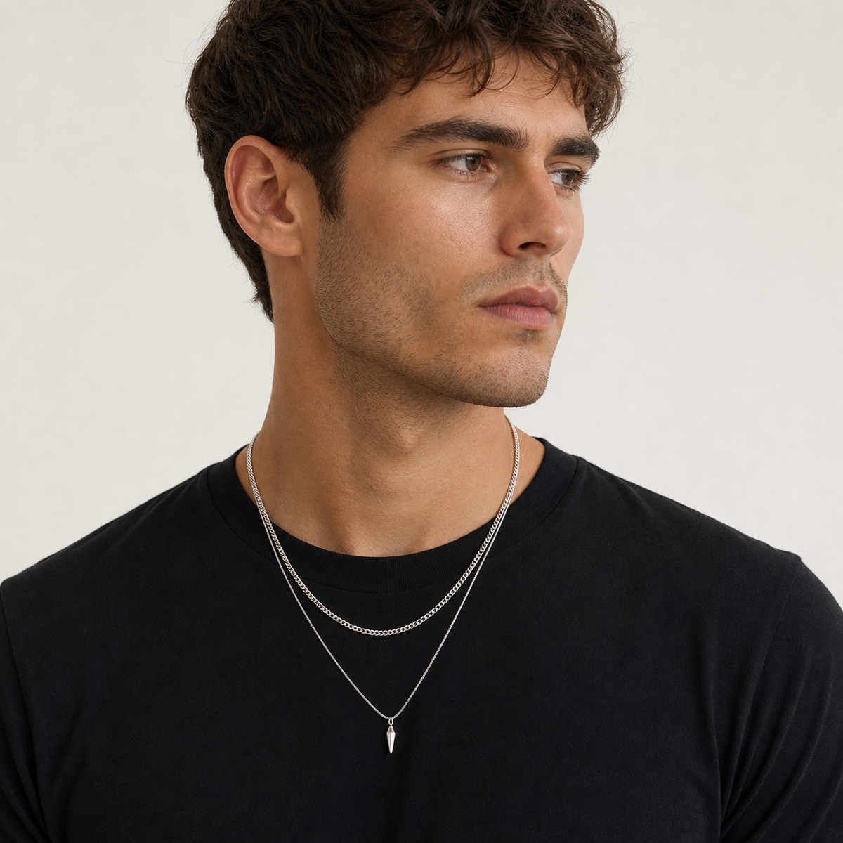 Men's Layered Chain & Spike Pendant Necklace Set