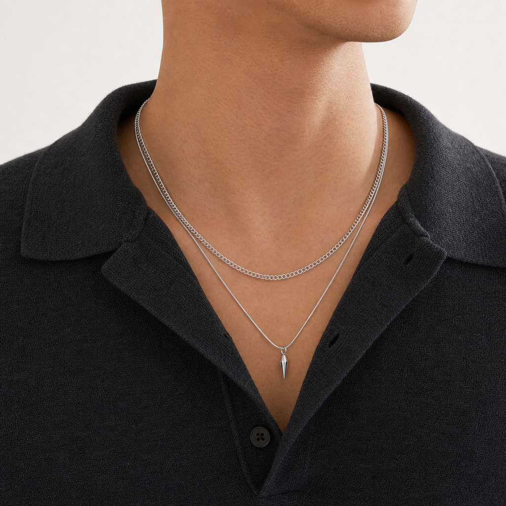 Men's Layered Chain & Spike Pendant Necklace Set